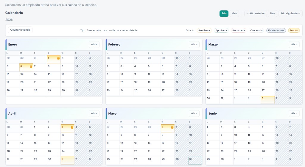 Calendario anual de vacaciones y festivos
